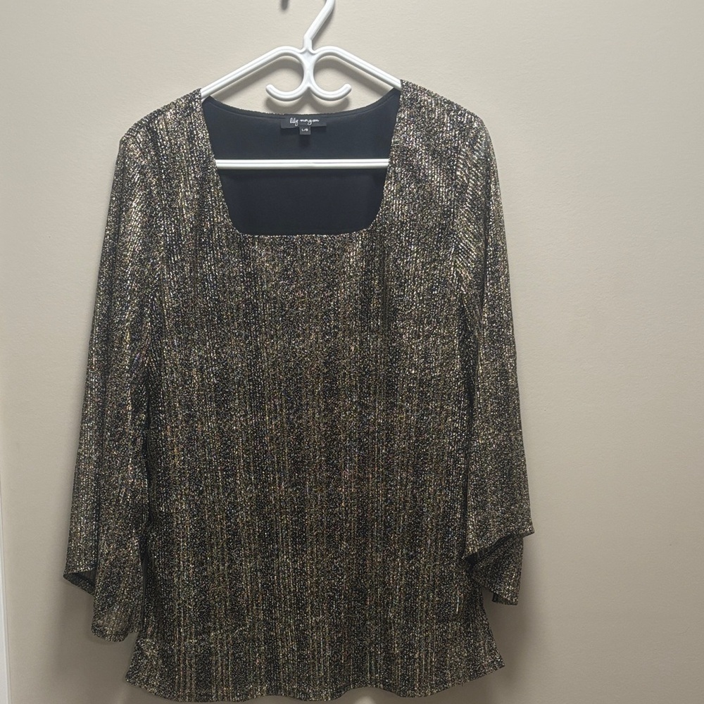 Lily Morgan Metallic Black & Gold Square-Neck Blouse